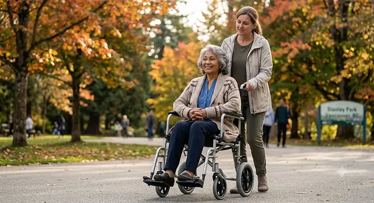 A Canadian home care aide pushes an elderly woman in a lightweight transit wheelchair for caregivers along a paved pathway in a sunny park.