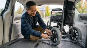 Alt text: Close-up illustration of heavy-duty, flat-free tires on a lightweight transit wheelchair designed to handle slush, gravel, and uneven Canadian sidewalks.