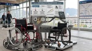 A detailed photorealistic photograph of a complex materials science and biomechanics testing station exhibit in Vancouver, showcasing a manual wheelchair user navigating a snow-dusted urban ramp with integrated bilingual infographics.