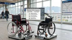 A hyper-realistic photorealistic product study within a detailed Vancouver SkyTrain concourse, showcasing intricate, non-textual mechanical gears and precise materials of two comparison wheelchairs.