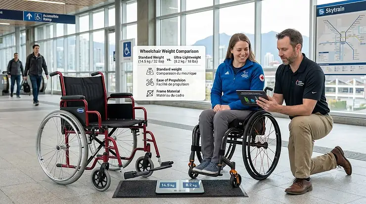 A photorealistic manual wheelchair weight comparison infographic at a Canadian SkyTrain station, showing standard versus ultra-lightweight models with bilingual English and French descriptions.