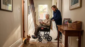 Illustration of a narrow transit wheelchair easily clearing a tight 24-inch bathroom doorway in a modern Canadian apartment.