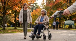 Illustration of a lightweight transit wheelchair for caregivers easily navigating a tight hallway and doorway inside a Canadian home.