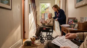 Top-down illustration demonstrating the tight turning radius of a narrow transit wheelchair in a compact home kitchen.