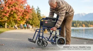 An elderly traveler comfortably seated in a folding transit wheelchair being assisted through a Canadian airport terminal.