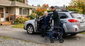 Key features of a transport wheelchair for car transfers including flip-up armrests and swing-away footrests.