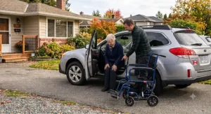 Companion handbrakes on a transport wheelchair locked for safe car transfers on Canadian driveways.