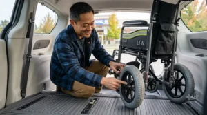 Alt text: Technical diagram showing the lightweight transit wheelchair frame composition, highlighting a total weight under 10 kg for easy lifting by Canadian caregivers.