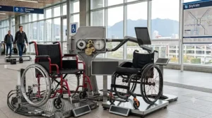 An elaborate public educational exhibit illustration within a modern Vancouver SkyTrain station concourse, featuring a detailed rig, specific wheelchairs, and a prominent bilingual infographic panel explaining Canadian wheelchair assistance funding guidelines.