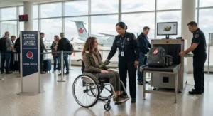 Traveler checking in at an accessible airline counter in Canada while a staff member tags their wheelchair.