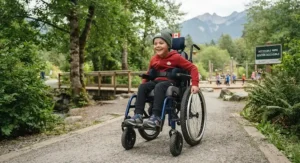 A happy child playing outdoors in a versatile growing wheelchair designed for Canadian terrain.