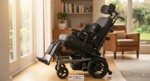 An adjustable tilt-in-space wheelchair, ideal for Canadian patients requiring long-term pressure sore relief.