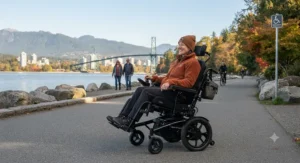 An adult enjoying accessible outdoor pathways across Canada while seated in a modern tilt-in-space wheelchair.