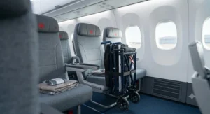An airline-approved portable wheelchair for travel positioned neatly beside an airplane seat.