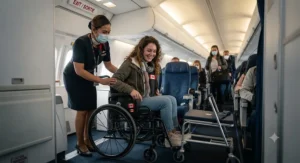 Passenger going through security screening at a Canadian airport with CATSA security officers assisting a wheelchair user.