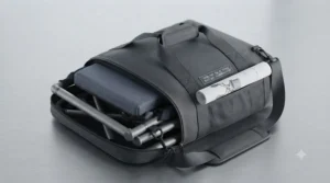Close-up of the sturdy aluminum frame on the lightest transport wheelchair, built for durability and strength.