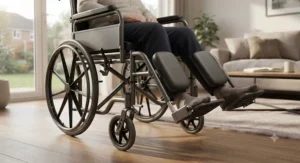 A bariatric wheelchair for home care featuring removable swing-away footrests and adjustable leg supports for personalized comfort.
