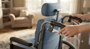 Ergonomic push handles and handbrakes on a bariatric wheelchair for home care designed for easy caregiver maneuvering.