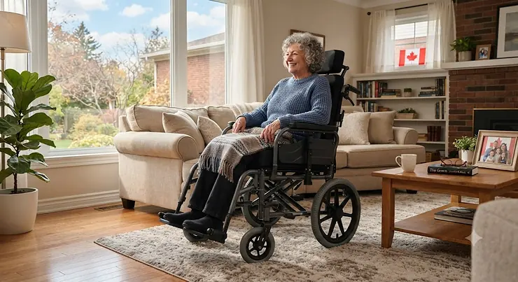 A sturdy bariatric wheelchair for home care positioned in a comfortable Canadian living room, providing safe and accessible mobility.