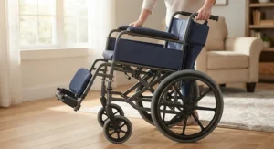 A bariatric wheelchair for home care equipped with a high-density pressure-relief foam cushion for extended daily seating.