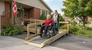 A bariatric wheelchair for home care navigating a residential accessibility ramp leading to a Canadian front entryway.