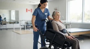 A healthcare professional demonstrating how to smoothly adjust the tilt angle on a tilt-in-space wheelchair in a clinic.