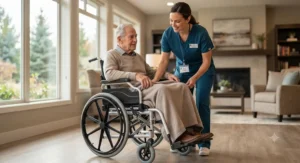 A healthcare provider assisting a senior user with a secure heavy-duty wheelchair indoors.