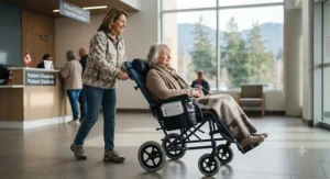 A family caregiver smoothly maneuvering a foldable reclining wheelchair designed for easy transportation to medical appointments across Canada.