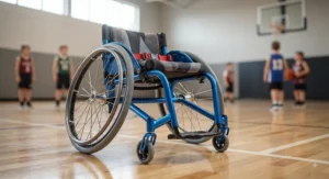 Close-up of a junior wheelchair for active kids showcasing enhanced manoeuvrability for recreational sports.
