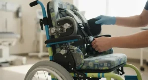 Close-up of a high-quality paediatric wheelchair for toddlers showing adjustable seat support and safety harness features.