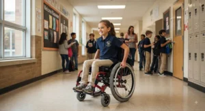 A student navigating a school hallway confidently in a durable junior wheelchair for active kids.