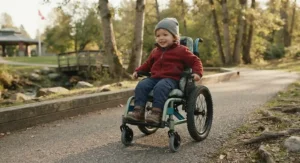 An active toddler navigating a paved Canadian park path in a sturdy, all-terrain paediatric wheelchair.