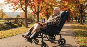 An elderly senior enjoying the autumn weather outdoors while sitting securely in a durable reclining wheelchair suited for Canadian pathways.