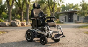 An electric heavy-duty power wheelchair offering enhanced outdoor maneuverability.