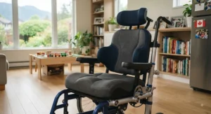 Ergonomic seating on a growing wheelchair designed for proper posture support in children.