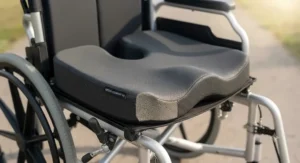 High-density foam cushion on a heavy-duty wheelchair providing optimal pressure relief and posture support.