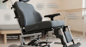 Close-up view of the adjustable ergonomic seating system and pressure-relieving tilt mechanism on a medical wheelchair.