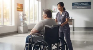 A caregiver comfortably guiding an extra wide wheelchair for plus size adults via ergonomic push handles designed to reduce physical strain.
