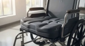 Close-up of specialized pressure-relief cushioning on an extra wide wheelchair for plus size adults, designed for long-term daily support.
