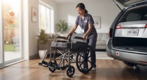 A caregiver folding an extra wide wheelchair for plus size adults for easy storage and vehicle transport across Canada.