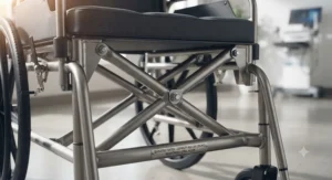 Detailed view of the reinforced steel frame on an extra wide wheelchair for plus size adults, showing high weight capacity and structural stability.