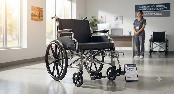 An extra wide wheelchair for plus size adults displayed in a modern Canadian healthcare setting, highlighting durable bariatric design and comfort.