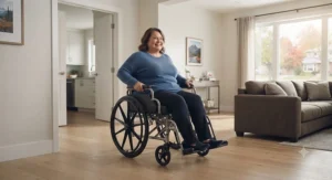 An adult comfortably navigating a spacious Canadian home environment using an extra wide wheelchair for plus size adults.