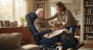 A supportive family caregiver adjusting a high-back reclining wheelchair for an elderly father to ensure optimal posture and comfort.