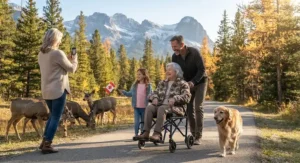 A happy family enjoying an outdoor Canadian park excursion with their portable wheelchair for travel.