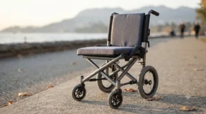 A compact, foldable lightest transport wheelchair stored easily in a car trunk for travel across Canada.