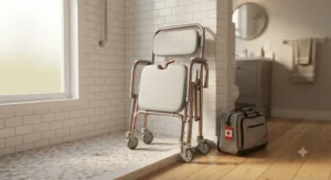 A compact folding shower commode chair suitable for travel and easy storage in Canadian homes with limited bathroom space.