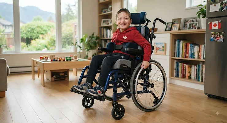 A Canadian child using an adjustable growing wheelchair designed for long-term comfort. growing wheelchair for kids with disabilities