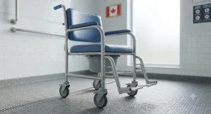 A sturdy heavy-duty shower commode chair designed for elder care and bariatric support in Canadian healthcare facilities.