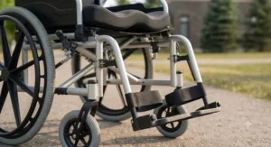 Close-up of a heavy-duty wheelchair featuring adjustable footrests and comfortable seating.